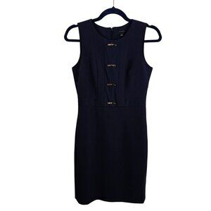 Ann Taylor NWOT Navy Gold Bow Embellished Quiet Luxury Sheath Dress Size 0